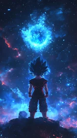 Silhouetted blue haired figure observing luminous cosmic vortex.