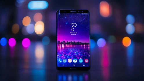 Samsung Galaxy smartphone displaying time 20:09 with vibrant purple-pink wallpaper