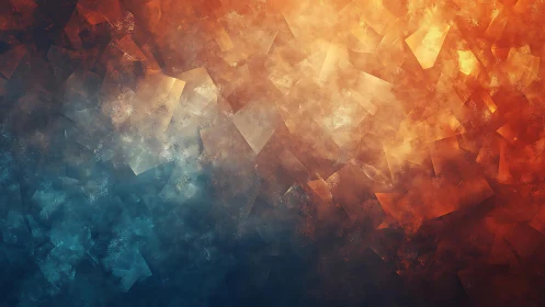 Abstract geometric background with blue and orange gradient, textured digital art.