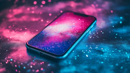 Phone of stardust dreams resting in neon night light.