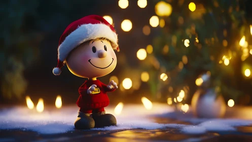 Cartoon holiday figurine on snow with blurred lights behind.