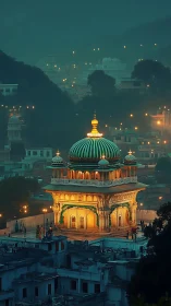 Illuminated domed shrine in misty hillside Indian cityscape at dusk