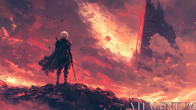 Cloaked swordsman overlooks burning sky and distant citadel