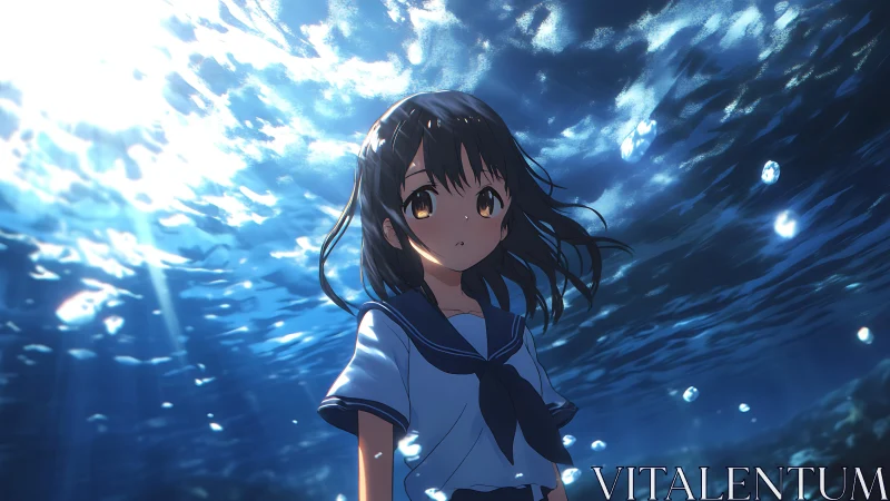 Schoolgirl stands underwater beneath fractured sunlight