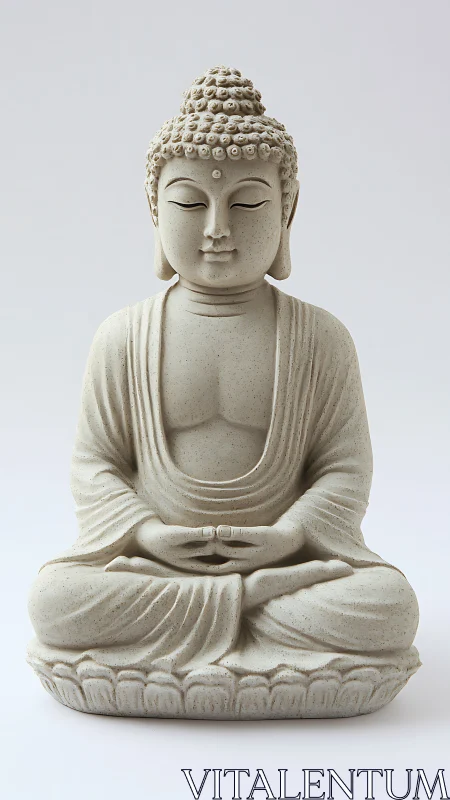 Serene stone Buddha statue in lotus posture on pale plinth.