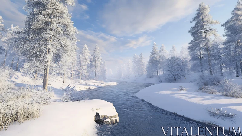 Snow covered river winding through quiet winter forest.