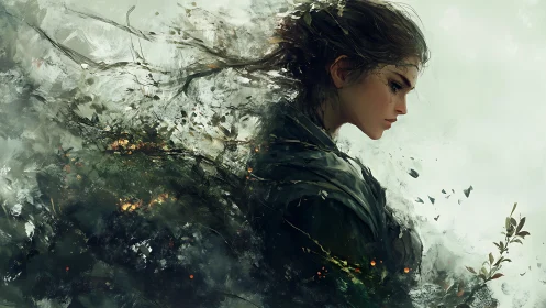 Solitary warrior merges with storm-torn, ember-lit forest winds