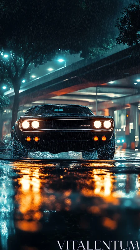 Rain-slick muscle car prowls neon-soaked midnight avenues.
