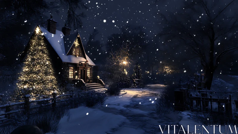 Snowfall illuminates cottage with dense warm-point light sources