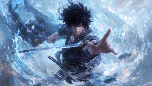 Dark haired swordsman controlling swirling blue water.