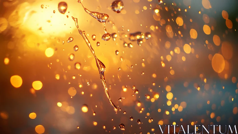 Water droplets suspended in warm orange bokeh light