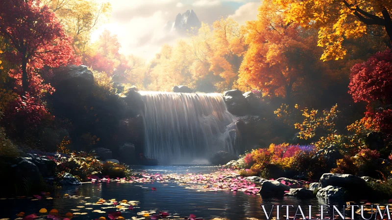 Golden autumn waterfall oasis under gentle morning light.