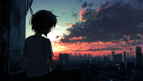 Solitary rooftop watcher gazes over a neon-lit city sunset.