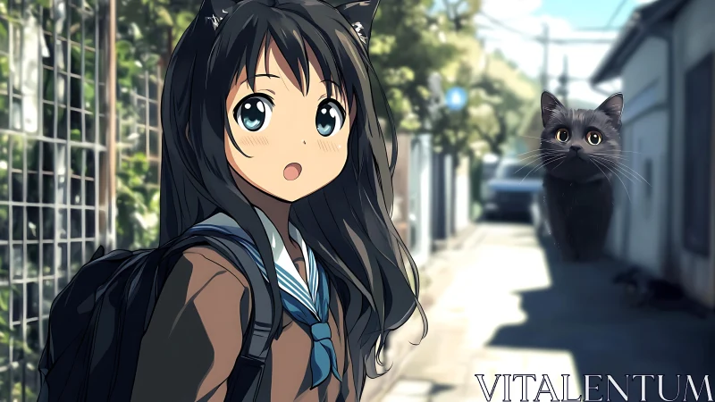 Cat-eared schoolgirl meets alleyway shadow cat at noon.