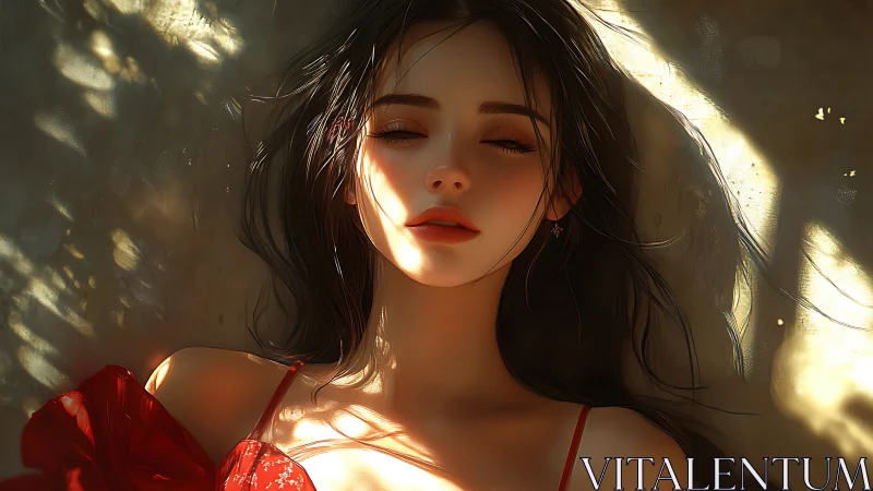 Sunlit woman in red dress rests under dappled shadows