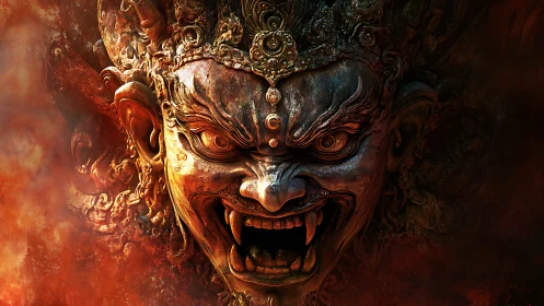 Rendered demonic mask face occupies frame with symmetrical focus