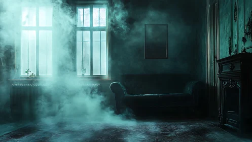 Fog-drenched Victorian parlor holds dark velvet sofa