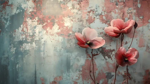 Coral Poppies on Weathered Wall: Artistic Floral Still Life