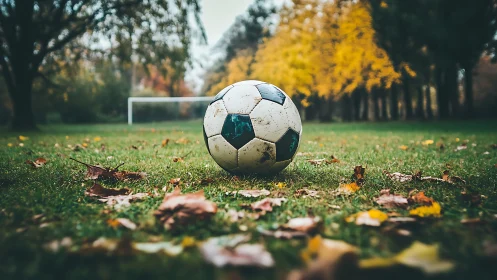 Weathered soccer ball on autumn field in shallow focus.
