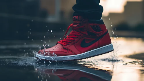 Red sneaker skips through puddle like a small urban comet