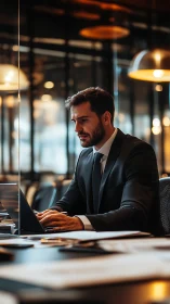 Professional Man Working Late in Modern Office with Warm Lighting.