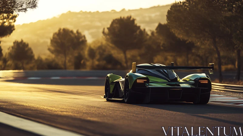 Sunlit race car glides through a golden evening track