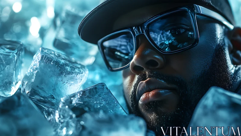 Icy portrait of man in reflective glasses among frozen cubes.