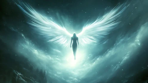 Radiant celestial angel ascending through luminous void.