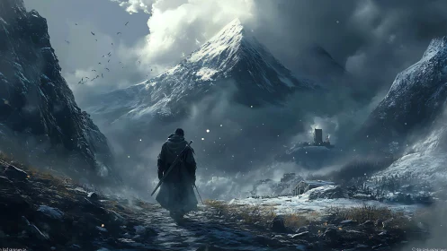 Solitary cloaked wanderer crossing glacial valley toward citadel.