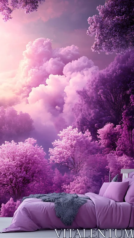 Lavender dreamscape bedroom under candyfloss cloud canopies.