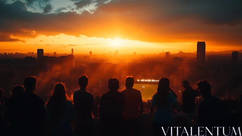 Sunset silhouettes over city stadium and glowing skyline.