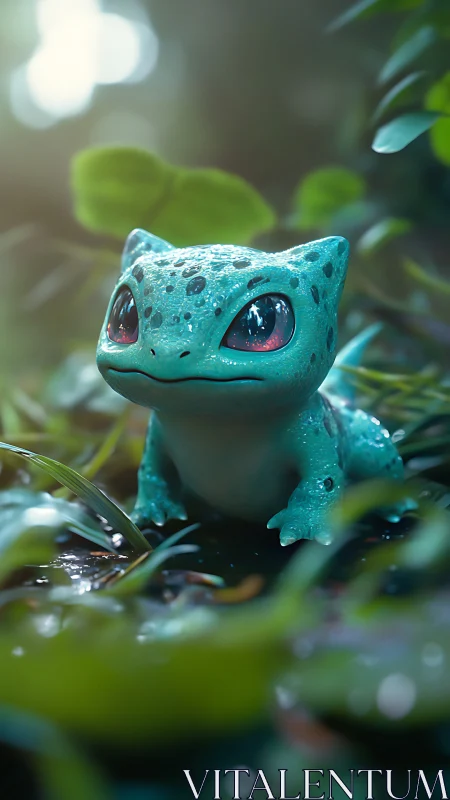 Bulbasaur style creature in moist forest setting.