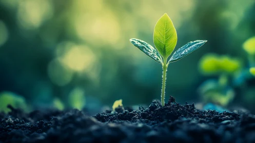 Young green seedling emerging from soil in soft light.