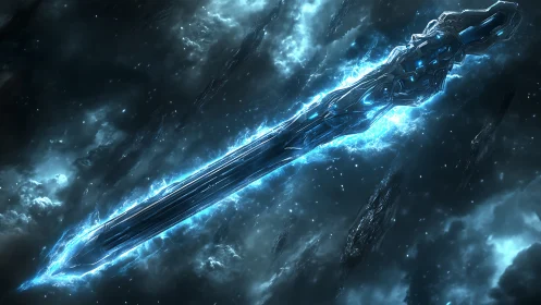 Futuristic energy sword floating in dark cloudy space field.
