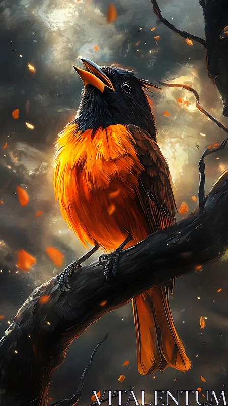 Fiery songbird rises against stormy sky in vivid detail.