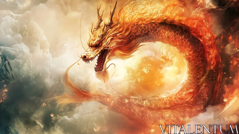 Fiery celestial dragon coiled in luminous storm clouds.
