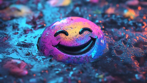 Neon smiley domed button glowing in iridescent puddles.