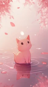 Soft pink kitten watches drifting petals in quiet water.