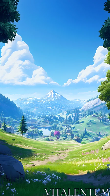 Sunny valley trail opening onto bright mountain horizons.