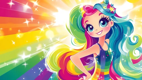 Rainbow haired girl radiates vibrant animated starburst glow.