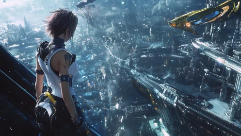 Skyline sentinel above a neon-drenched galactic megacity.