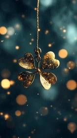 Golden heart-clover charm drifting through teal starlight.