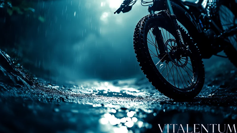 Mountain Bike Fat Tire Navigating Rain-Slicked Terrain.