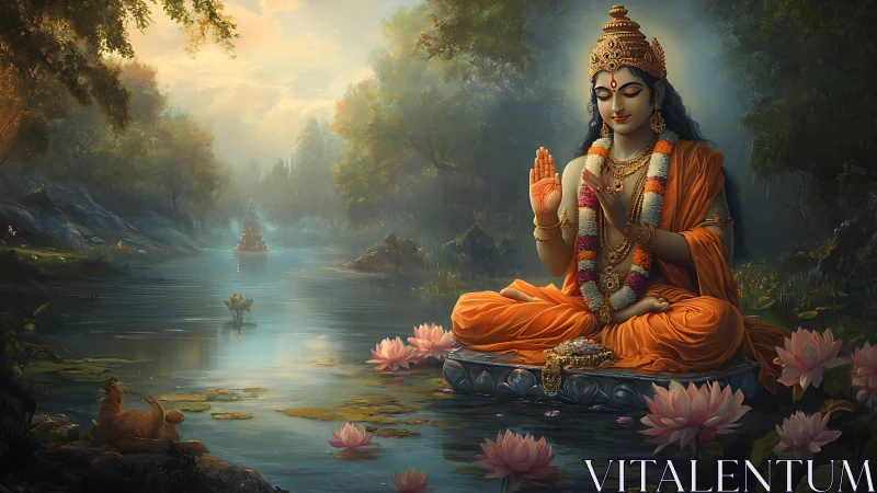 Gentle river goddess rests in lotus calm and golden light