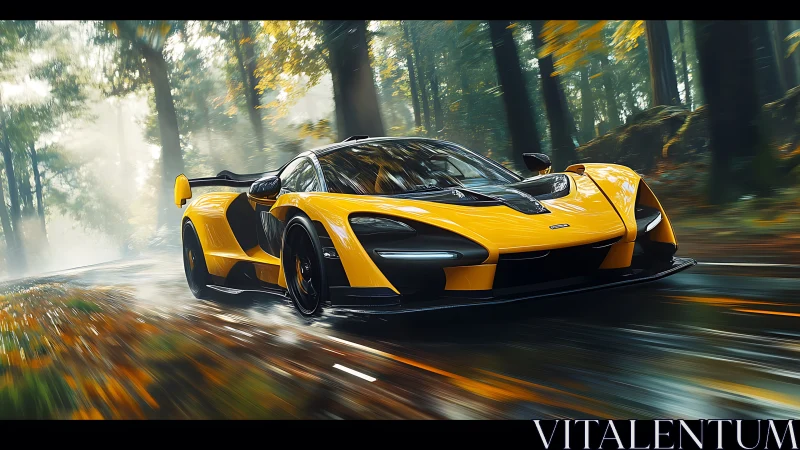 Yellow hypercar slices through a misty autumn forest road