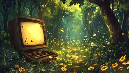 Vintage computer glowing softly in sunlit wild forest.
