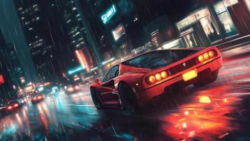 Red sports car on wet neon city street at night in rain.
