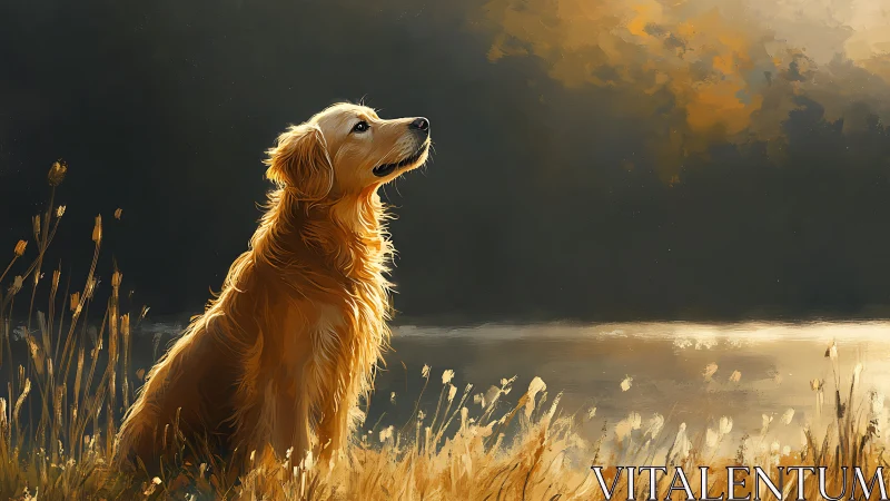 Golden retriever in warm sunset light by lakeside field.