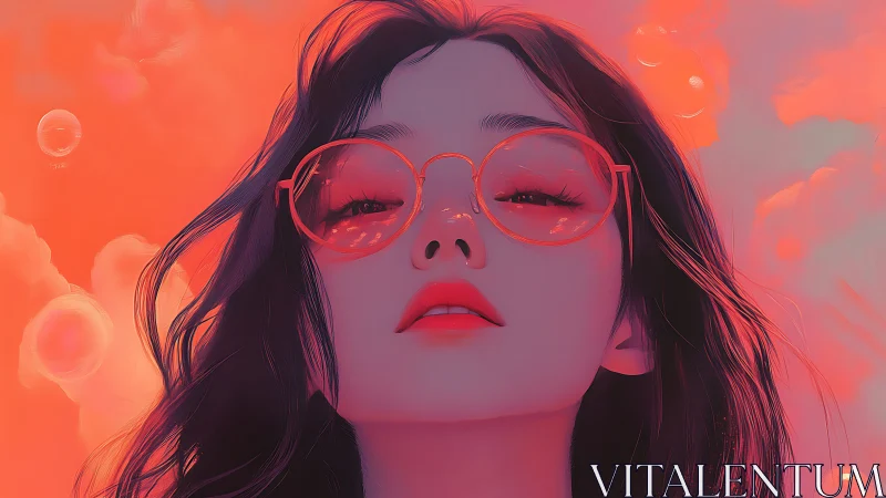 Portrait shows dreamy woman in red glasses under glowing sky