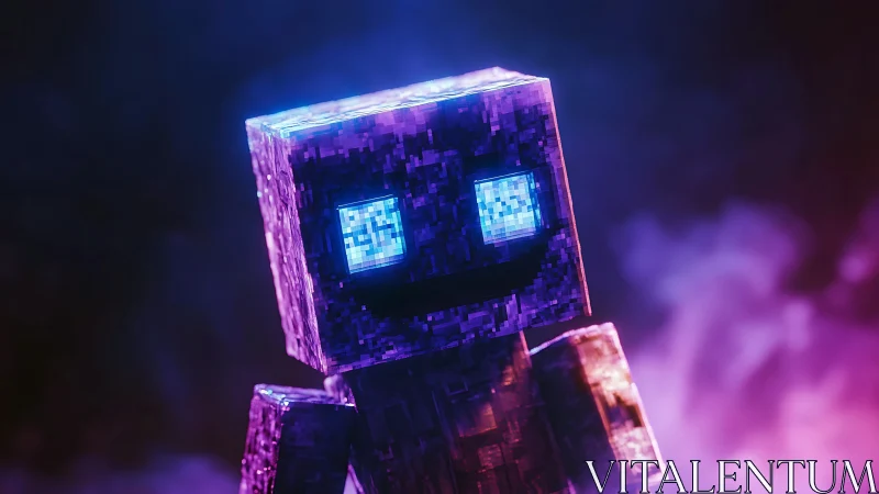 Glowing pixel robot smiles amid dreamy neon colors.